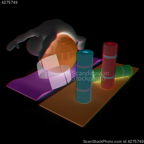 Image of 3d man on a karemat with fitness ball. 3D illustration. Anaglyph