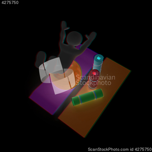 Image of 3d man on a karemat with fitness ball. 3D illustration. Anaglyph