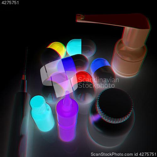 Image of Syringe, tablet, pill jar. 3D illustration. Anaglyph. View with 