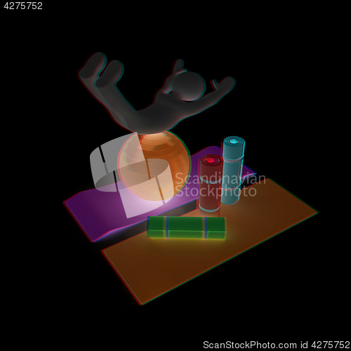 Image of 3d man on a karemat with fitness ball. 3D illustration. Anaglyph