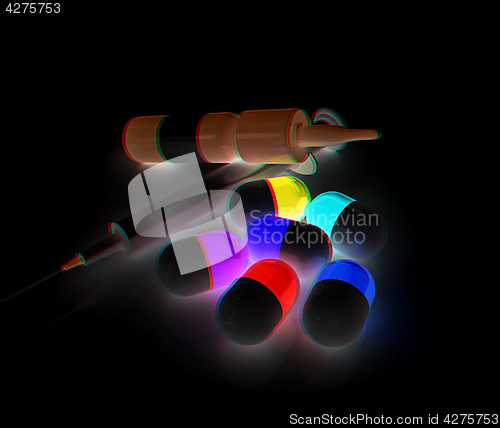 Image of Syringe, tablet, pill jar. 3D illustration. Anaglyph. View with 