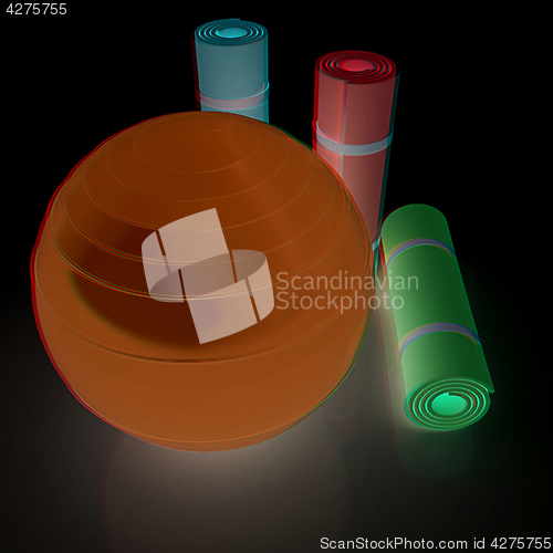Image of karemat and fitness ball. 3D illustration. Anaglyph. View with r