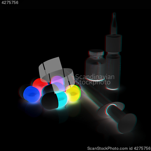 Image of Syringe, tablet, pill jar. 3D illustration. Anaglyph. View with 