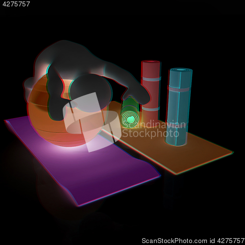 Image of 3d man on a karemat with fitness ball. 3D illustration. Anaglyph