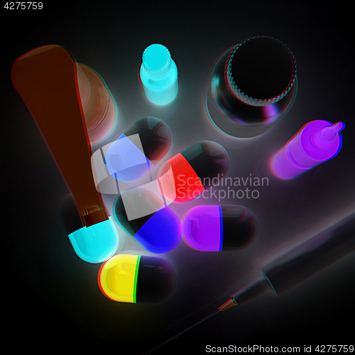 Image of Syringe, tablet, pill jar. 3D illustration. Anaglyph. View with 