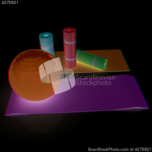 Image of karemat and fitness ball. 3D illustration. Anaglyph. View with r