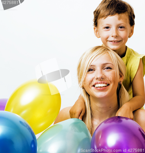 Image of pretty real family with color balloons on white background, blon