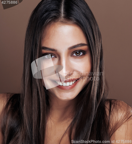 Image of cute happy young indian real woman in studio close up smiling, fashion mulatto, lifestyle people concept