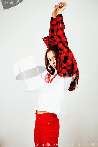 Image of young pretty stylish hipster girl posing emotional isolated on white background happy smiling cool smile, lifestyle people concept