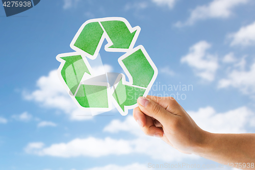 Image of close up of hand with green recycle sign over sky