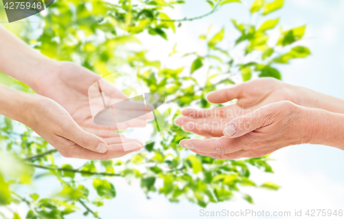 Image of close up of senior and young woman hands