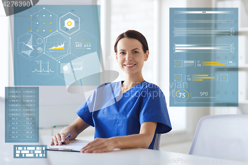 Image of happy doctor or nurse with clipboard at hospital