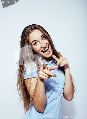 Image of young pretty stylish hipster girl posing emotional isolated on white background happy smiling cool smile, lifestyle people concept