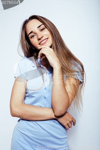 Image of young pretty stylish hipster girl posing emotional isolated on white background happy smiling cool smile, lifestyle people concept
