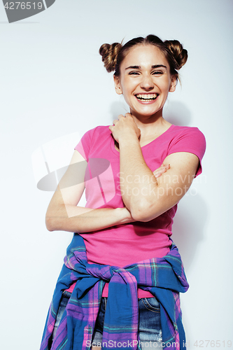 Image of young pretty stylish hipster girl posing emotional isolated on white background happy smiling cool smile, lifestyle people concept
