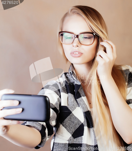 Image of young happy smiling hipster blond girl with backpack ready to school, teenage lifestyle people concept