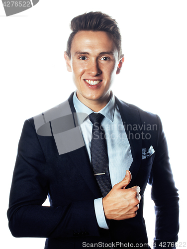 Image of young handsoman businessman fooling aroung isolated on white background, modern real people concept business