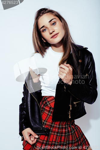 Image of young pretty stylish hipster girl posing emotional isolated on white background happy smiling cool smile, lifestyle people concept
