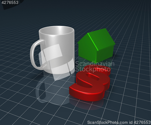 Image of paragraph symbol, mug and house model - 3d rendering