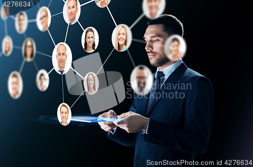 Image of businessman with tablet pc and contacts network