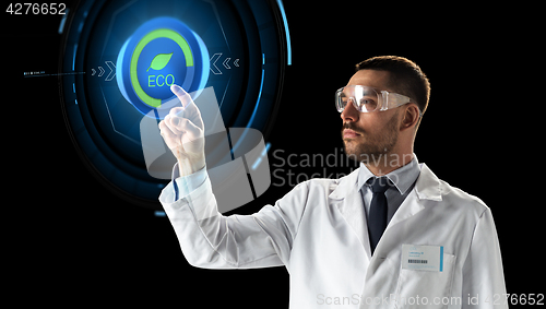 Image of scientist in goggles with virtual projection