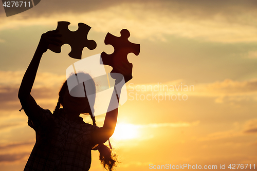 Image of Silhouette of happy people which playing on the beach at the sun