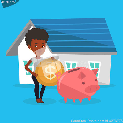 Image of Woman puts money into piggy bank for buying house.