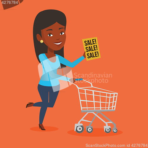 Image of Woman running in hurry to the store on sale.