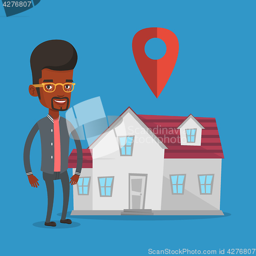 Image of Realtor on background of house with map pointer.