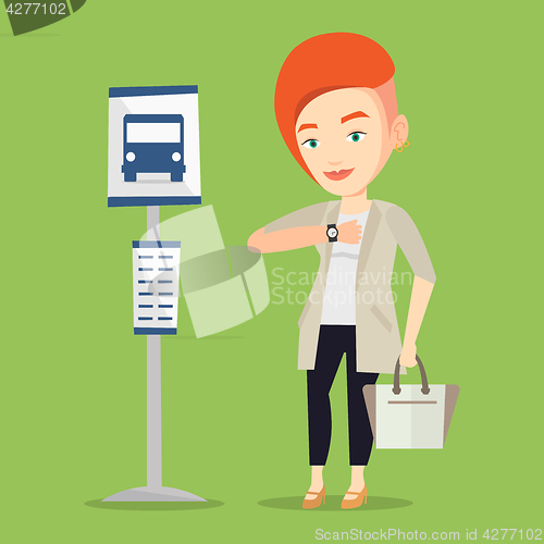 Image of Woman waiting at the bus stop vector illustration.