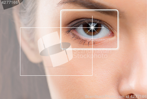 Image of Close-up portrait of young and beautiful woman with the virtual hologram on her eyes