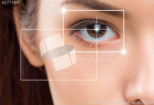 Image of Close-up portrait of young and beautiful woman with the virtual hologram on her eyes