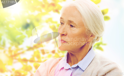 Image of senior woman face over green natural background