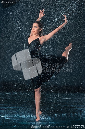 Image of The young beautiful modern dancer dancing under water drops