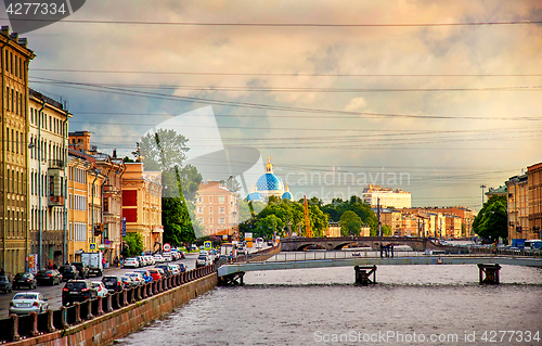 Image of panoramic view of Fontanka river bridges and Trinity Cathedral