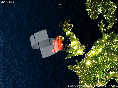 Image of Ireland in red from space at night