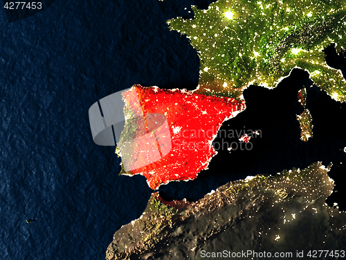Image of Spain in red from space at night