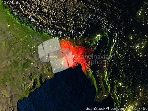 Image of Bangladesh in red from space at night