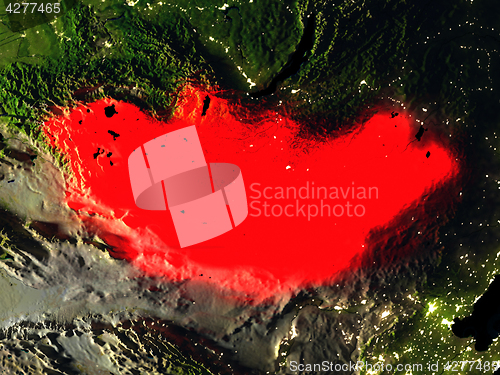 Image of Mongolia in red from space at night