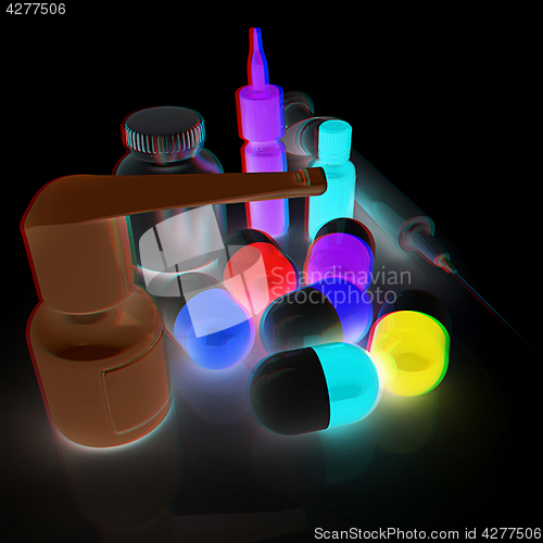 Image of Syringe, tablet, pill jar. 3D illustration. Anaglyph. View with 