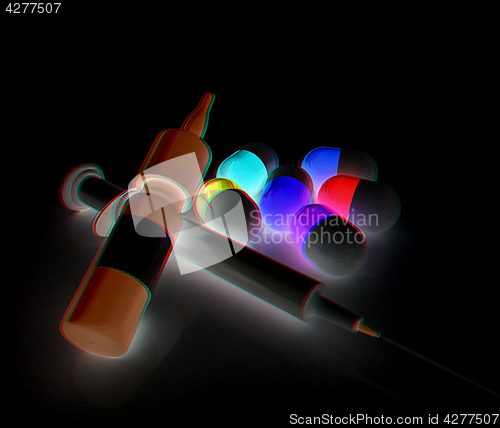 Image of Syringe, tablet, pill jar. 3D illustration. Anaglyph. View with 