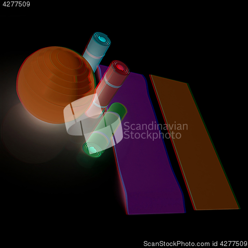 Image of karemat and fitness ball. 3D illustration. Anaglyph. View with r