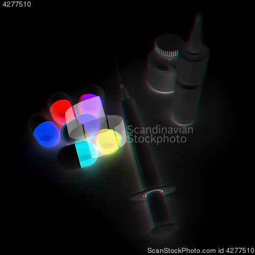 Image of Syringe, tablet, pill jar. 3D illustration. Anaglyph. View with 