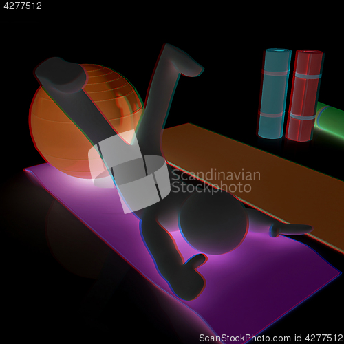 Image of 3d man on a karemat with fitness ball. 3D illustration. Anaglyph