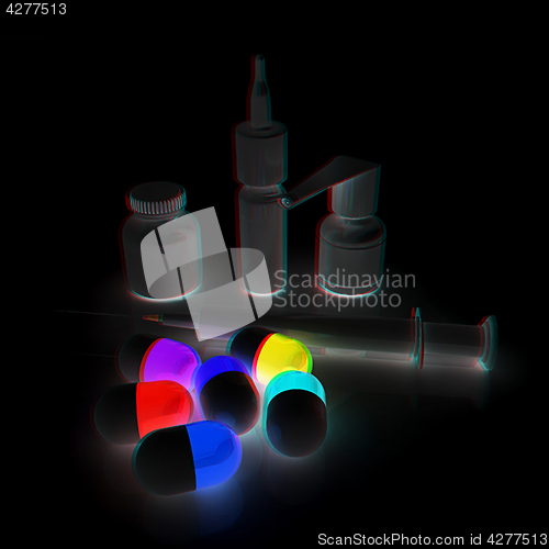 Image of Syringe, tablet, pill jar. 3D illustration. Anaglyph. View with 