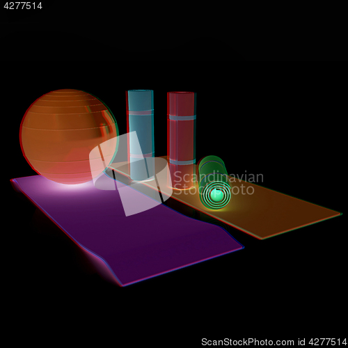 Image of karemat and fitness ball. 3D illustration. Anaglyph. View with r