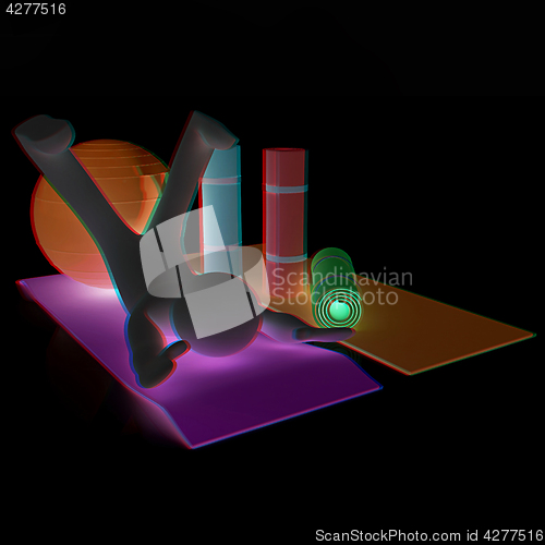 Image of 3d man on a karemat with fitness ball. 3D illustration. Anaglyph