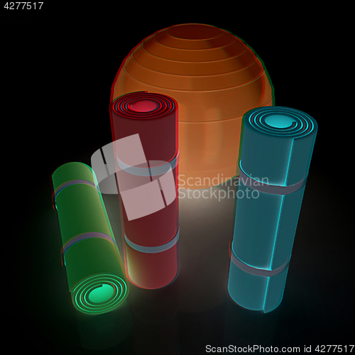 Image of karemat and fitness ball. 3D illustration. Anaglyph. View with r