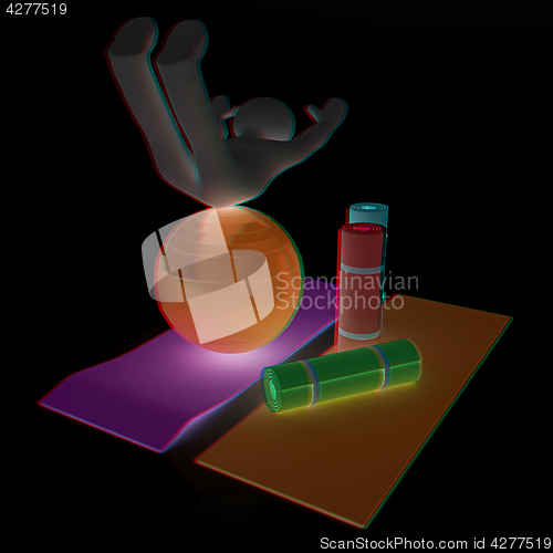 Image of 3d man on a karemat with fitness ball. 3D illustration. Anaglyph