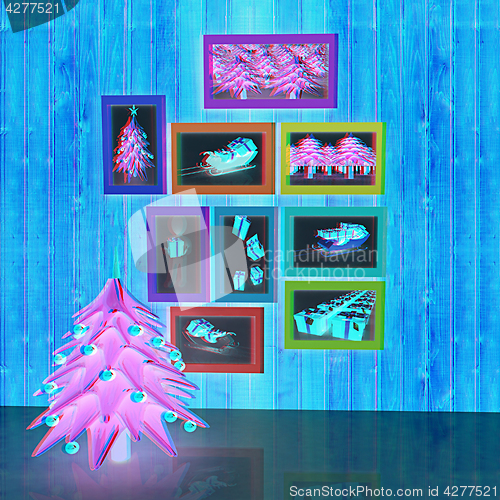 Image of Mock up poster on the wood wall with christmas tree and decorati